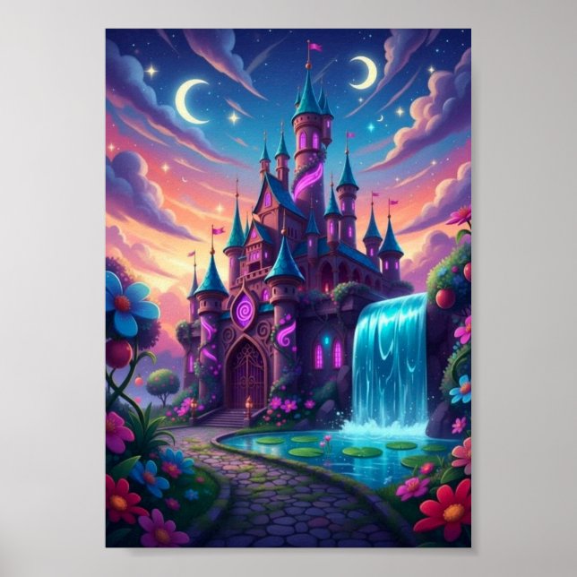 Magisk Tvillingmåne Slott Vattenfall Fantasi Affis Poster (Framsidan)