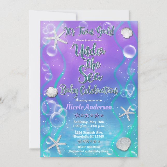 Magisk under havet lila tvillingar baby shower inbjudningar (Framsida)
