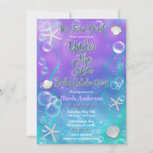 Magisk under havet lila tvillingar baby shower inbjudningar