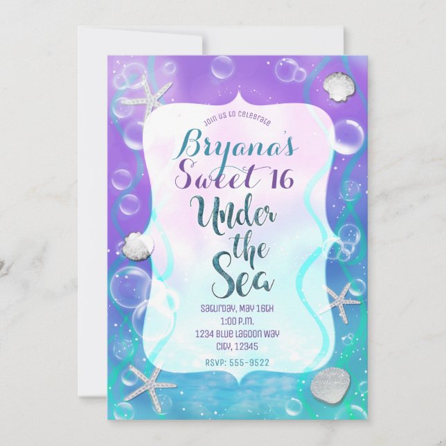 Magisk under Sea Lila Teal Sweet 16 Party Inbjudningar (Framsida)