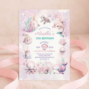Magisk underart under Sea Ocean Animals Girl Birth Inbjudningar