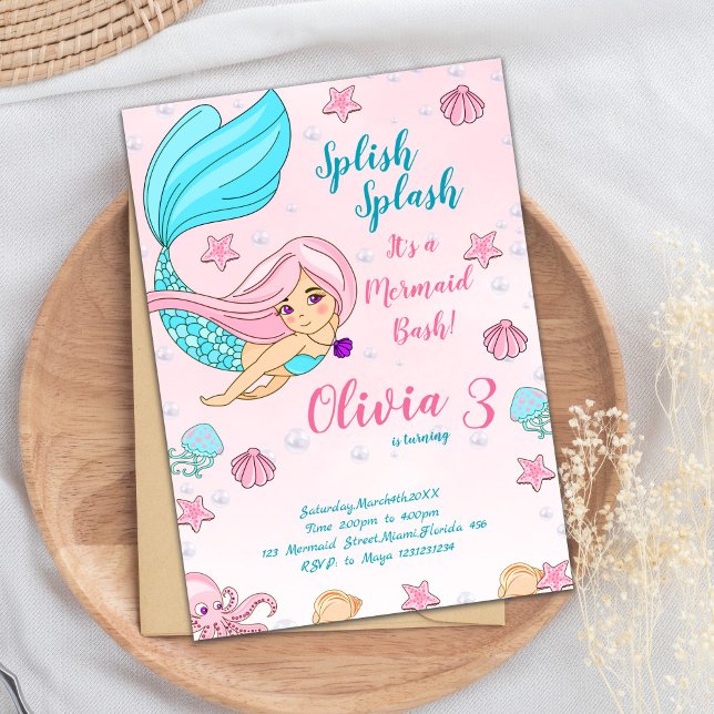 Magisk undervattensfisk Party Inbjudan (Pink Mermaid Birthday Invitations)