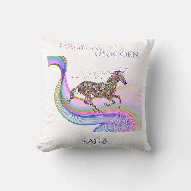 Magisk unicorn dekorativ kudde med barnets namn. (Framsida)