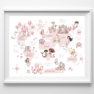 Magisk världskarta för flickor, rosa sjöjungfrur o poster