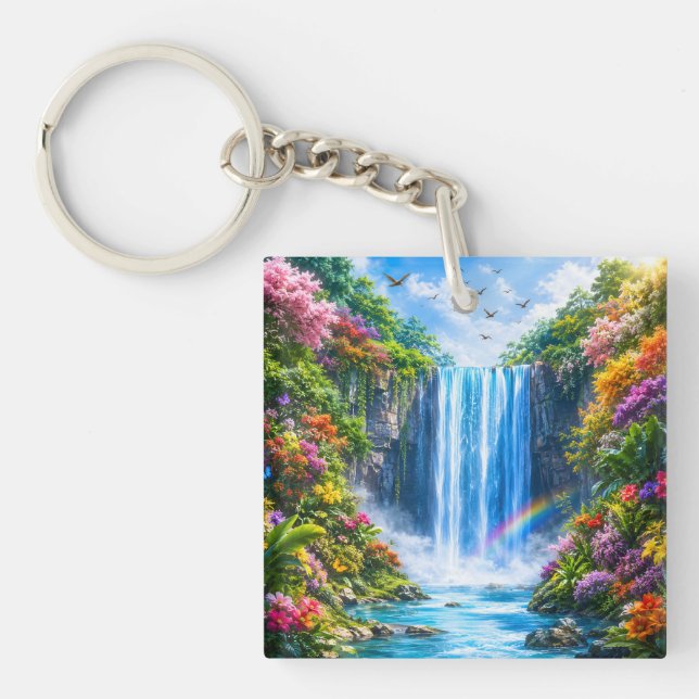 Magisk vattenfall med regnbåge och färgglada blomm (Framsidan)