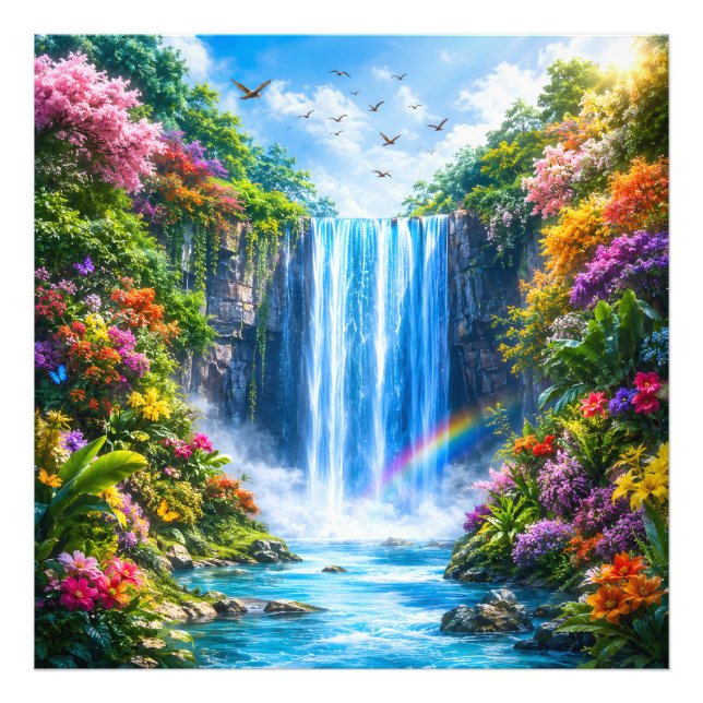 Magisk vattenfall med regnbåge och färgglada blomm fototryck (Framsidan)