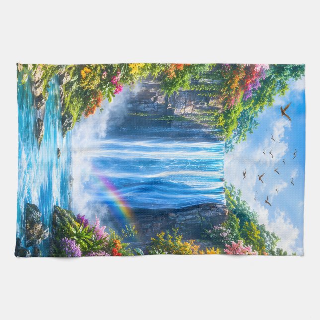 Magisk vattenfall med regnbåge och färgglada blomm kökshandduk (Horisontell)