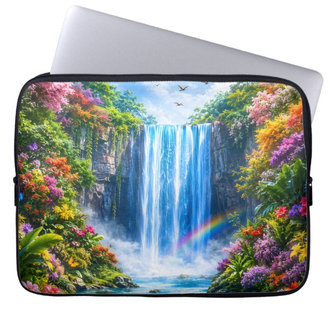 Magisk vattenfall med regnbåge och färgglada blomm laptop fodral (Framsidan)