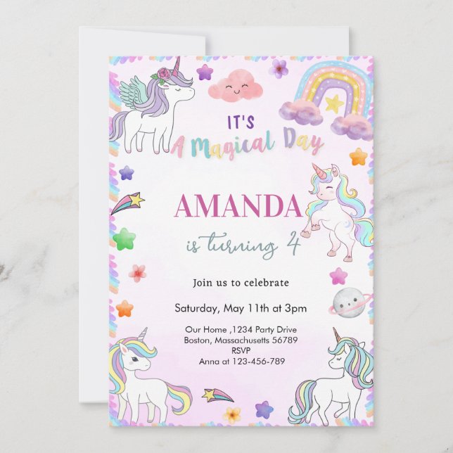 Magisk Vattenfärg Enhörning Flick födelsedag Inbjudningar (Framsida)
