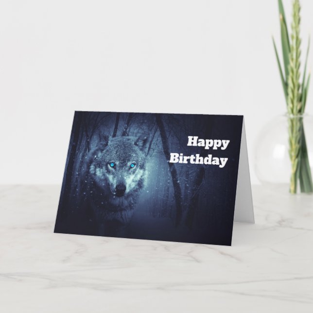 Magisk Vild Varg med Fantastisk Blue Ögon Birthday Kort (Framsida)