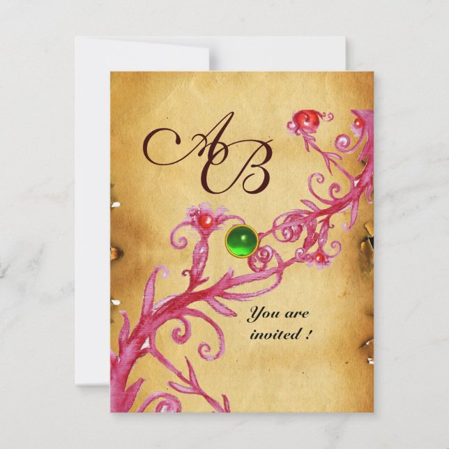 MAGISKA BÄR  MONOGRAM  Parchment Grön Smaragd Inbjudningar (Framsida)