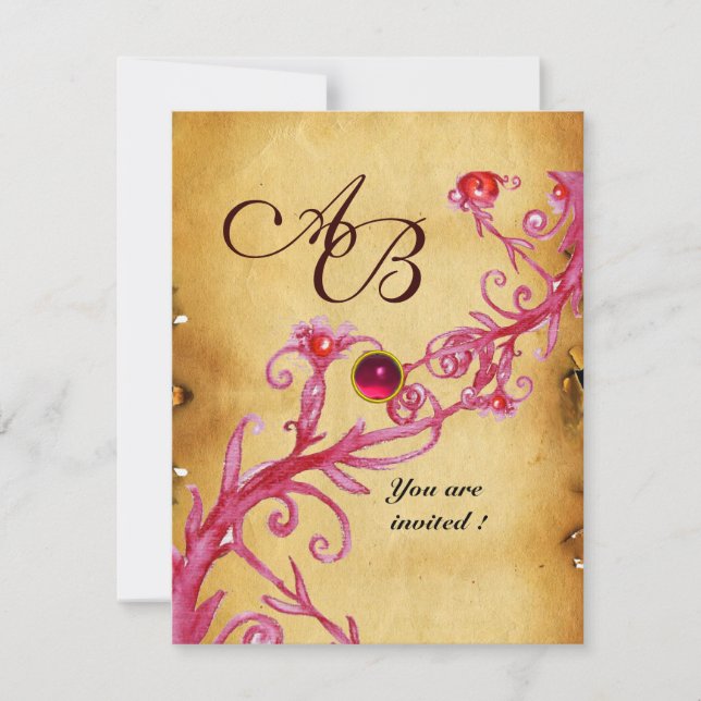 MAGISKA BÄR  MONOGRAM  Pergament Röd Ruby Inbjudningar (Framsida)