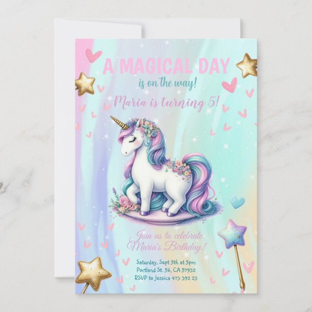 Magiska dagen Unicorn Barns födelsedag Party Inbjudningar (Framsida)
