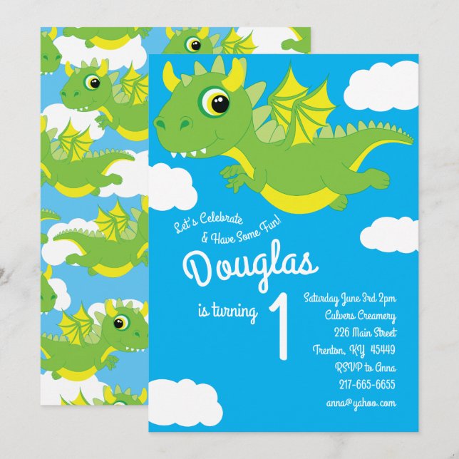 Magiska drakmer 1:a födelsedagskallelse inbjudningar (Fram/baksida)