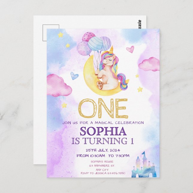 Magiska Enhörningar Lila Vattenfärg Födelsedagsfes Vykort (Fram/baksida)