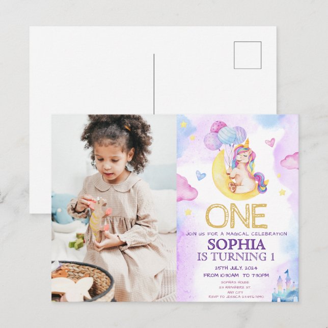 Magiska Enhörningar Lila Vattenfärg Födelsedagsfes Vykort (Fram/baksida)