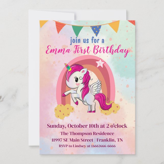 Magiska Enhörningar Rosa Vattenfärg 1-års Födelsed Tack Kort (Framsida)