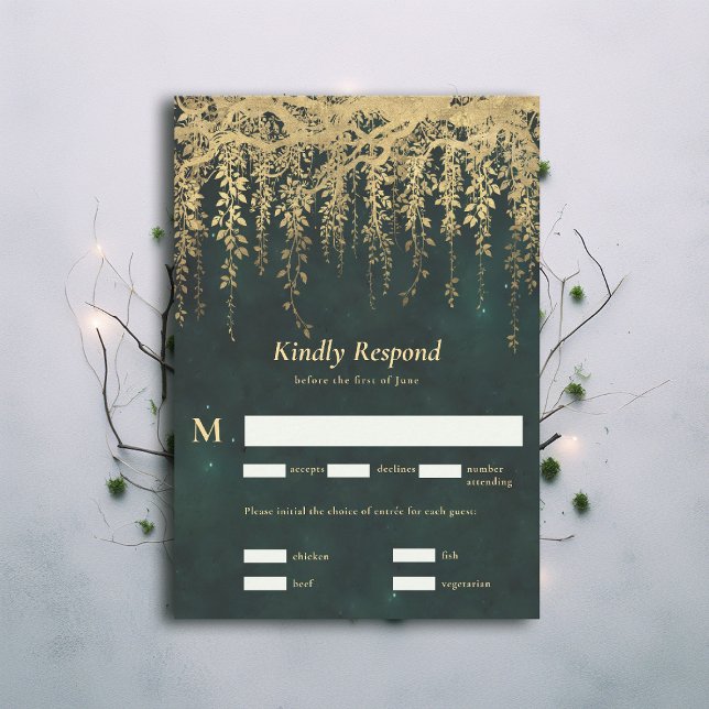 Magiska Guld-vines Bröllop OSA i magiska skogar (Enchanted Forest Magical Gold Vines Wedding RSVP draped foliage emerald green moody dark)