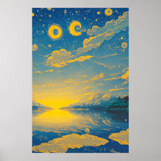 Magiska Himlar, stjärnor, moln, Sjö, färgåtergivni Poster