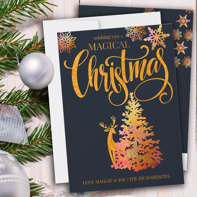 Magiska Julgran och Hjort Guld och Blå Julkort (Skapare uppladdad)