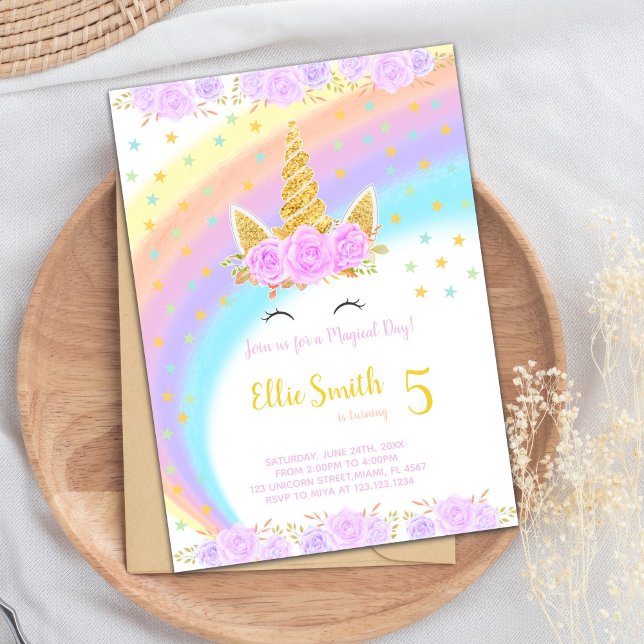 Magiska och färgstarka Party Inbjudan (Floral Rainbow Unicorn Birthday Invitations)