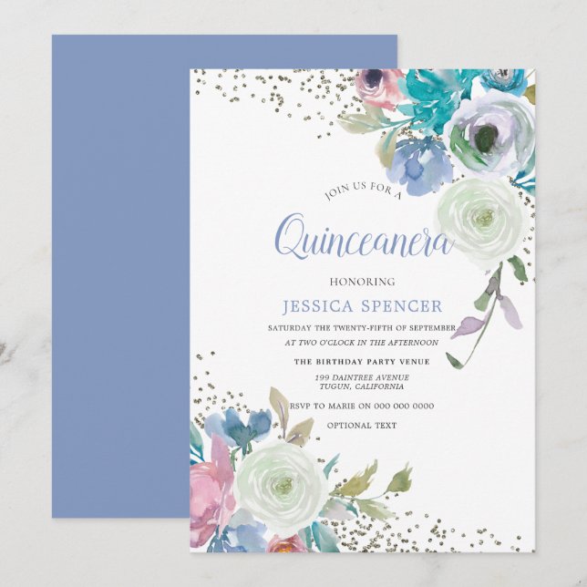 Magiska Quinceanera: Mint Blue Gnistra Flowers Inbjudningar (Fram/baksida)