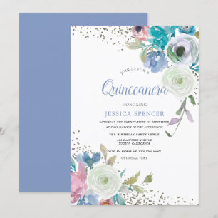 Magiska Quinceanera: Mint Blue Gnistra Flowers Inbjudningar