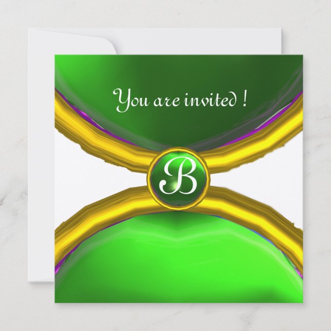 MAGISKA RINGAR, MONOGRAM ädelsten grön champagne Inbjudningar (Framsida)