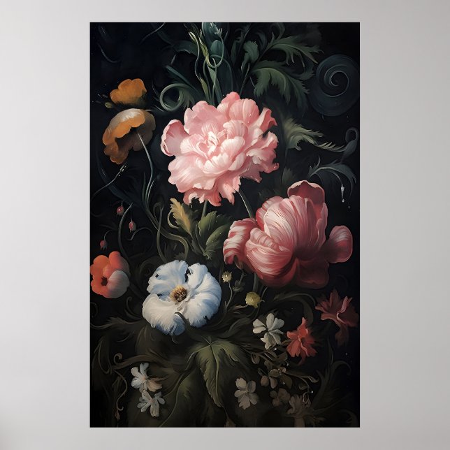 Magiska rosa blommor i trädgårdstryck, botaniskt m poster (Framsidan)