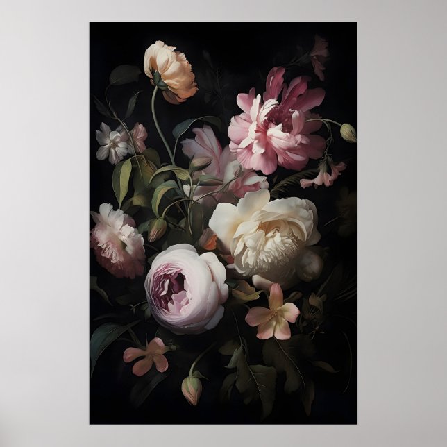 Magiska rosa blommor i trädgårdstryck, Botaniskt m Poster (Framsidan)