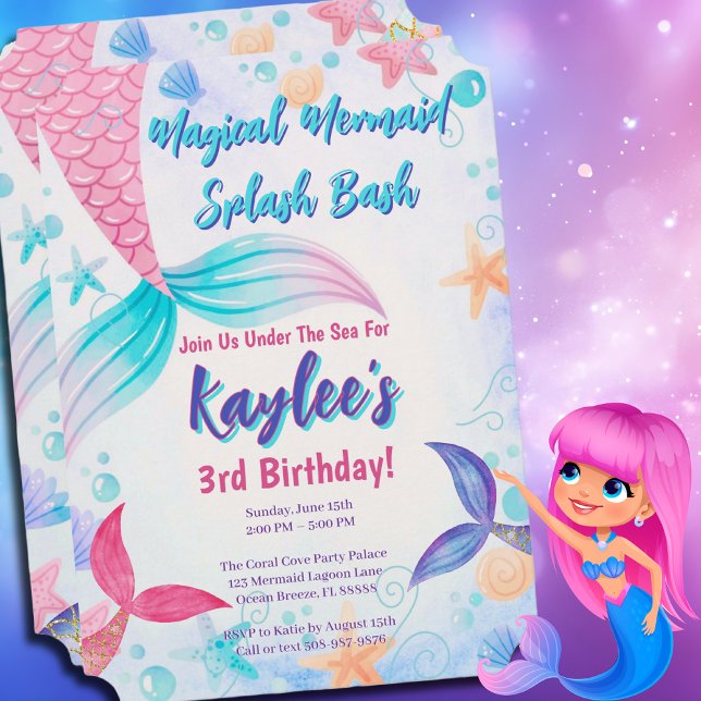 Magiska Sjöjungfrun Svan Födelsedagsfest inbjudan (Magical Mermaid Birthday Party Invitation)