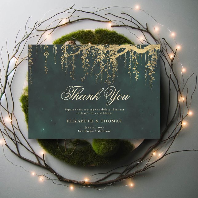 Magiska skogsviner Emerald Bröllop Tack Kort (wedding thank you card enchanted forest fairytale gold vines calligraphy)