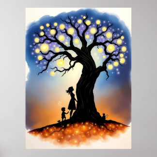 Magiska Träd i Ljus med Silhouettes Poster
