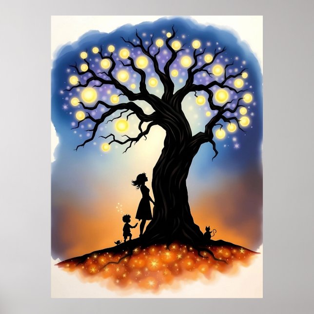 Magiska Träd i Ljus med Silhouettes Poster (Framsidan)