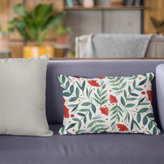 Magiska trädgårdsblommor i rött och grönt prydnadskudde (Skapare uppladdad)