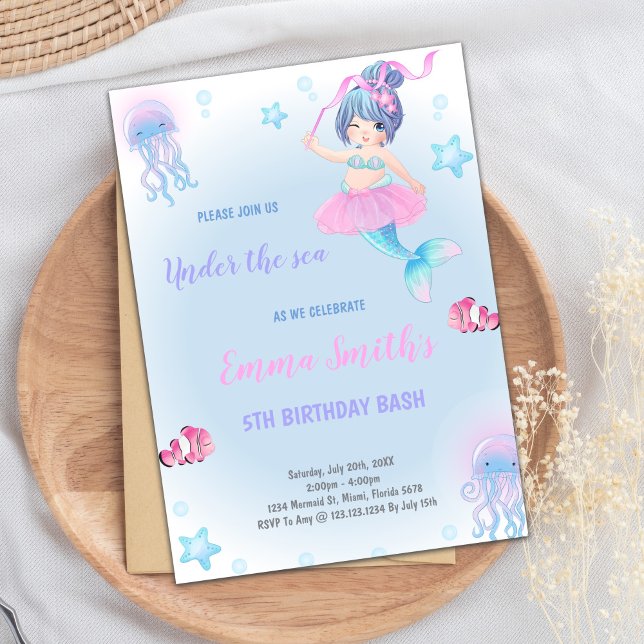 Magiska undervattensinbjudningar för flickor inbjudningar (Blue Green Cloud Mermaid Birthday Invitations)