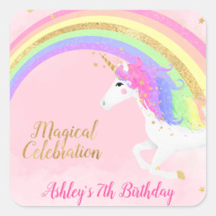 Magiska Unicorns födelsedag Guld Rainbow Fyrkantigt Klistermärke
