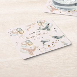 Magiska val Balloons Stars Baby Shower Underlägg Papper Kvadrat