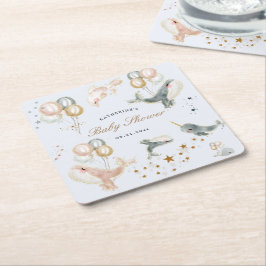 Magiska val Balloons Stars Baby Shower Underlägg Papper Kvadrat