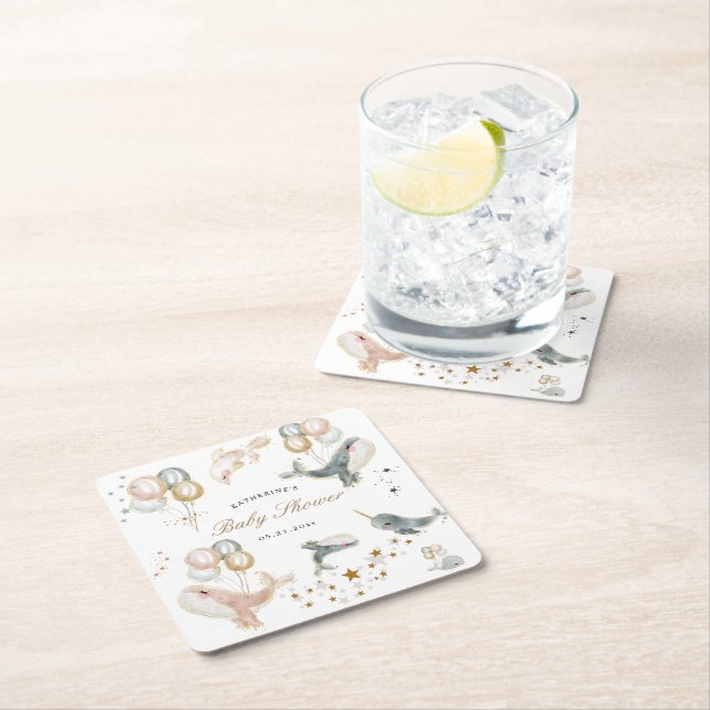 Magiska val Balloons Stars Baby Shower Underlägg Papper Kvadrat (Insitu)