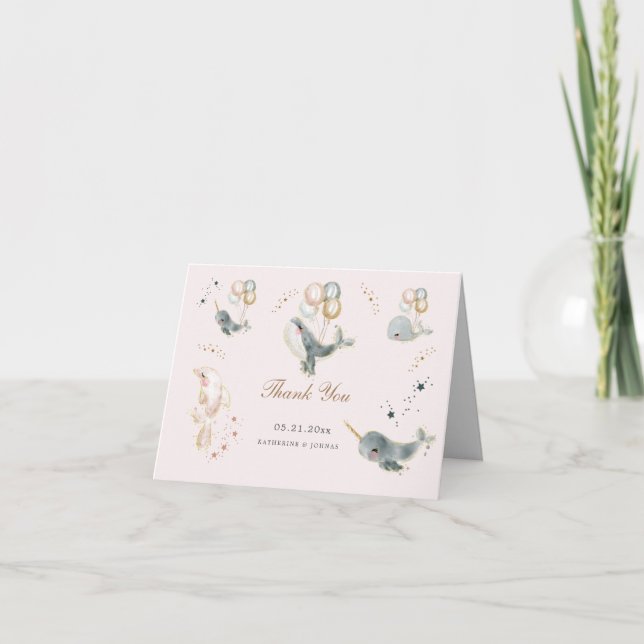 Magiska valar ballonger stjärnor babydusch tack kort (Framsida)