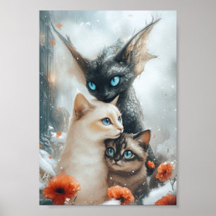 Magiska vinterkatter med fantasidrakeskydd poster