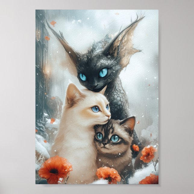 Magiska vinterkatter med fantasidrakeskydd poster (Framsidan)