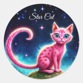 Magiskt blåögt kattdjur under ljusa stjärnor runt klistermärke