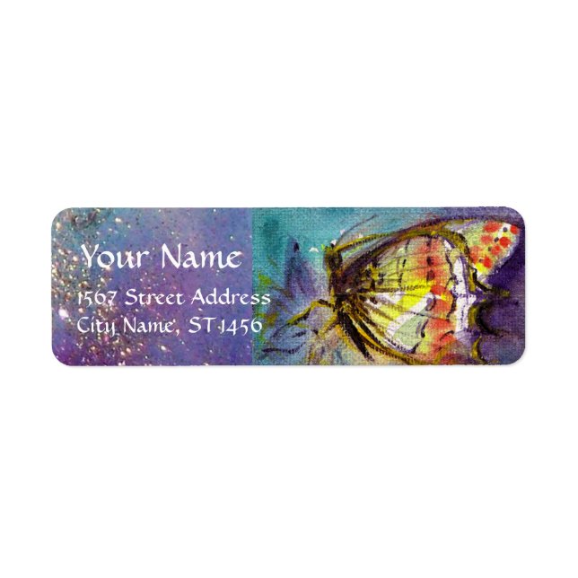 MAGISKT BUTTERFALL I BLUE GULD SPARKLES RETURADRESS ETIKETT (Framsidan)