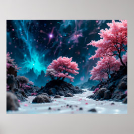 Magiskt Dreamscape med luminös Rosa Träd Poster