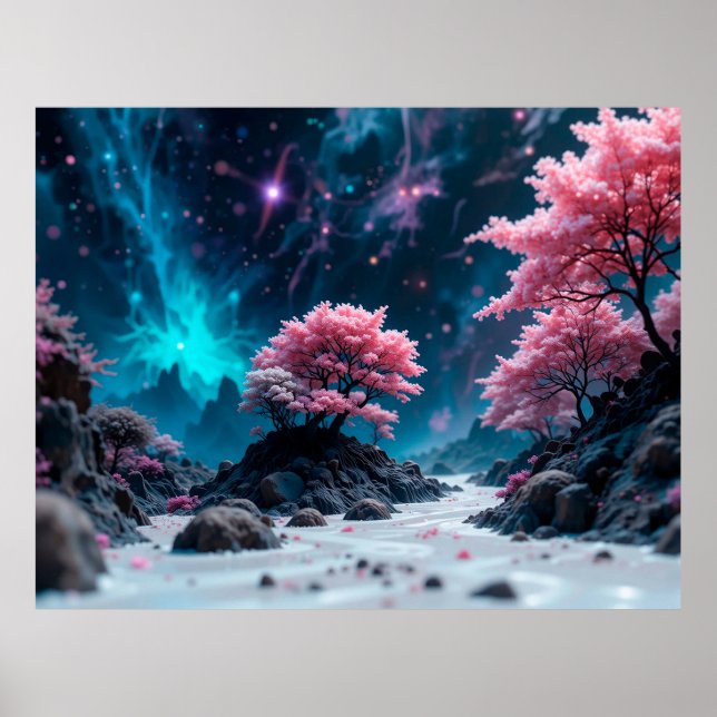 Magiskt Dreamscape med luminös Rosa Träd Poster (Framsidan)