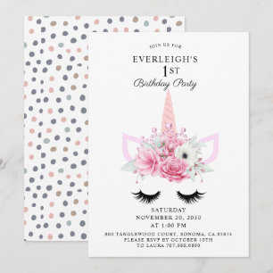 Magiskt enhörn och Blommigt 1:a födelsedagen Party Inbjudningar