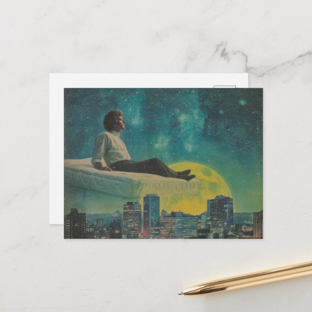 Magiskt Flytande madrass ovanför stadens fulla mån Vykort (Fram/Back In Situ)