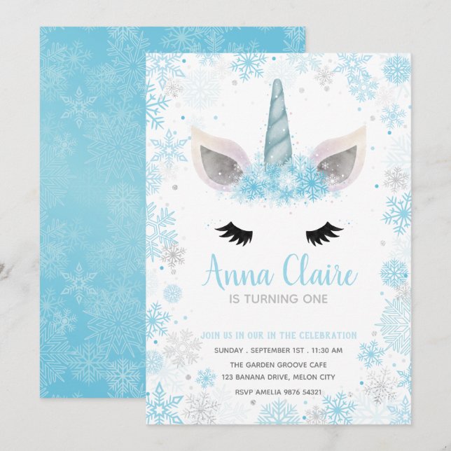 Magiskt fryst Unicorn| Flickans födelsedag Inbjudningar (Fram/baksida)